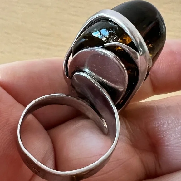 VINTAGE HUGE BALTIC AMBER STATEMENT RING SCANDINAVIAN OR POLISH MADE STERLING